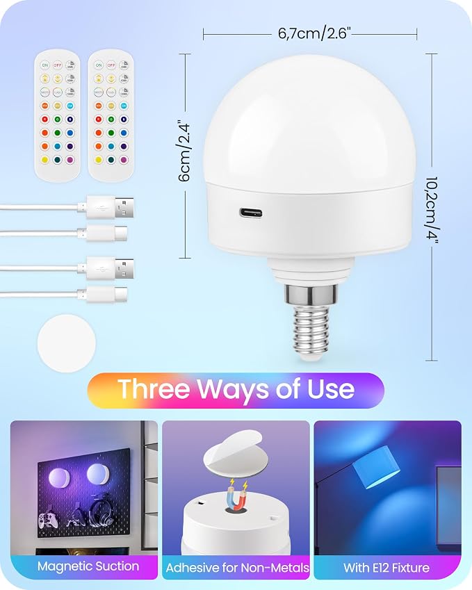 Rechargeable Light Bulbs with Remote Control, 4 Packs E12 Battery Operated - Image 3