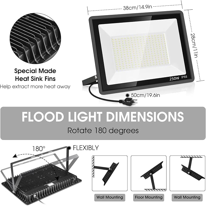 YANYCN 2 Pack 250W Led Flood Lights Outdoor, Super Bright 37000LM Security - Image 3