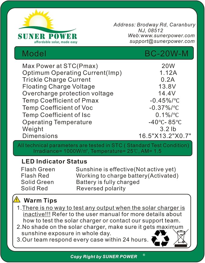 SUNER POWER 20W 12V Solar Battery Charger Maintainer, Built-in Smart MPPT - Image 5