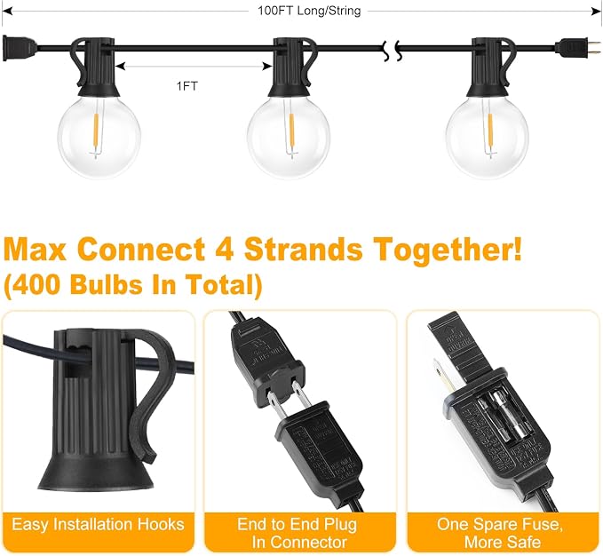 Bosceos 100FT 104 Bulbs G40 LED Globe String Lights, Dimmable Waterproof - Image 6