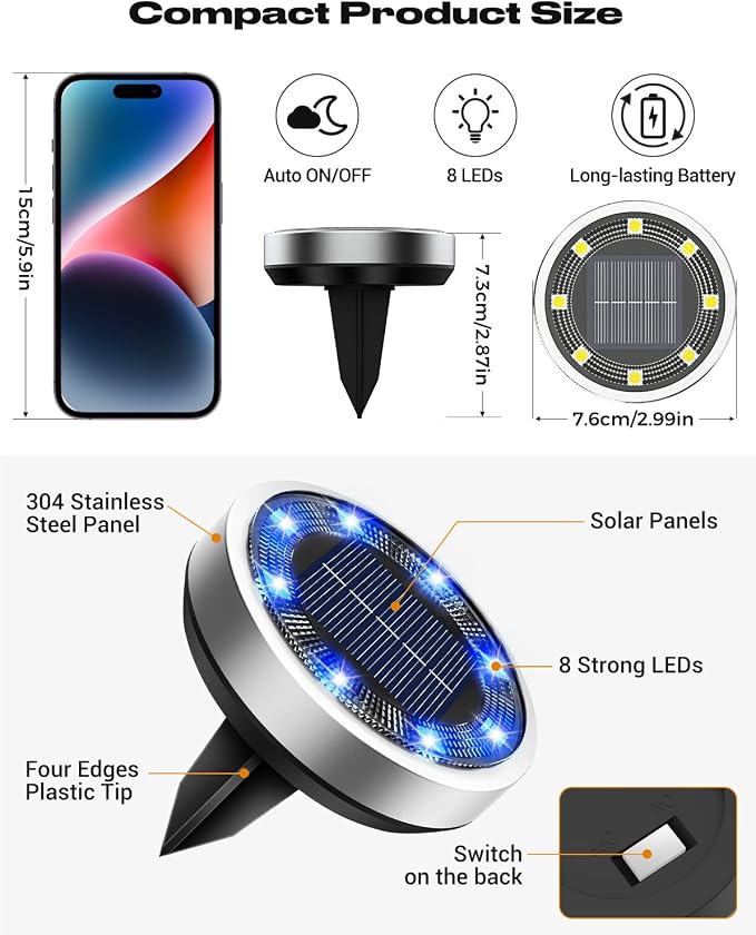 btfarm 16 Pack Solar Lights Outdoor, 8 LED Solar Ground Lights IP65 Waterproof - Image 6
