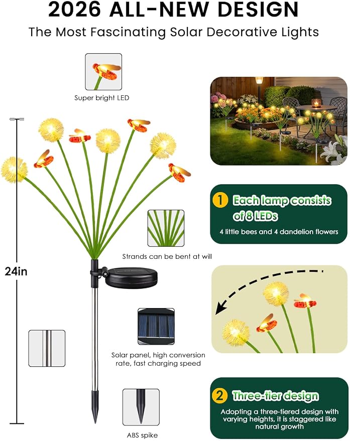 Solar Garden Lights Outdoor, 8 Pack 64 LED, Solar Swaying Dandelion Bee Lights - Image 3