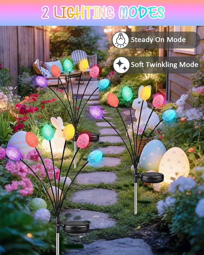 Upgraded 4 Pack Solar Easter Egg Lights Outdoor, Colorful Swaying Firefly Lights - Image 6