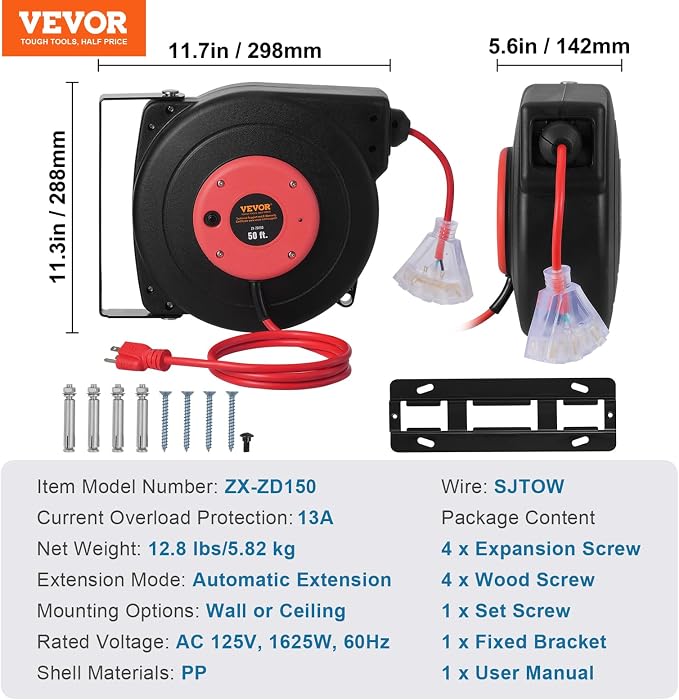 VEVOR Retractable Extension Cord Reel, 50 FT, Heavy Duty 14AWG/3C SJTOW - Image 7
