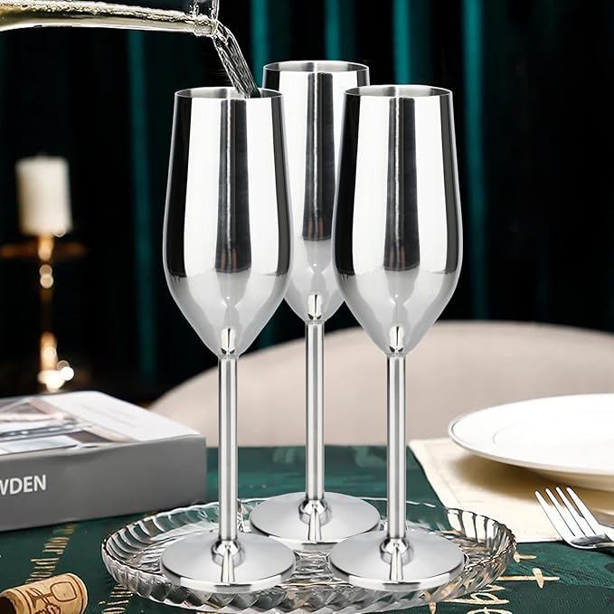 TJ Unbreakable 8 Oz Stainless Steel Champagne Flutes- Silver Champagne Glasses - Image 4