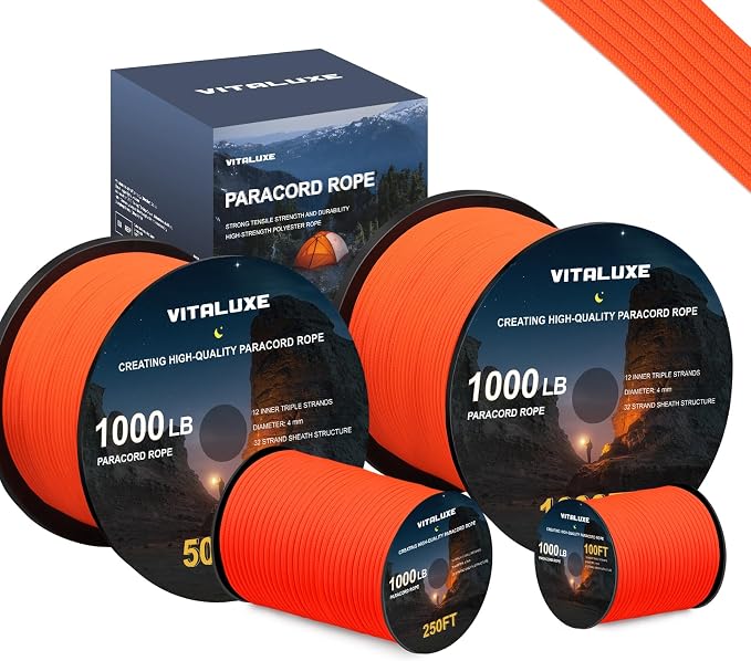 1000lb Paracord Rope, 4mm 12 Triple Strands Paracord, Heavy Duty Tactical by VITALUXE