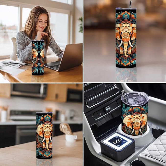 Firmiso 20 oz Tumbler｜Skinny Insulated Travel Mug｜Mandala Elephant Stainless - Image 3