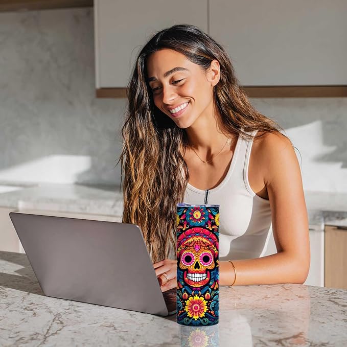 Firmiso 20 oz Tumbler｜Skinny Insulated Travel Mug｜Sugar Skull Floral Stainless - Image 6