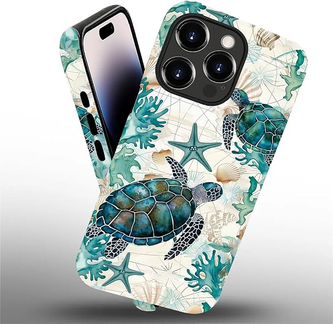 for iPhone 14 Pro Case, HH2 Ocean Sea Turtle Nautical Map Hybrid 2 Layer Hard - Image 2