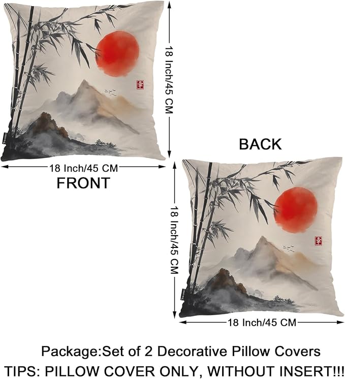 Swono Outdoor Pillow Covers Bamboo, Japanese Bamboo Trees Mountains Red Sun - Image 6
