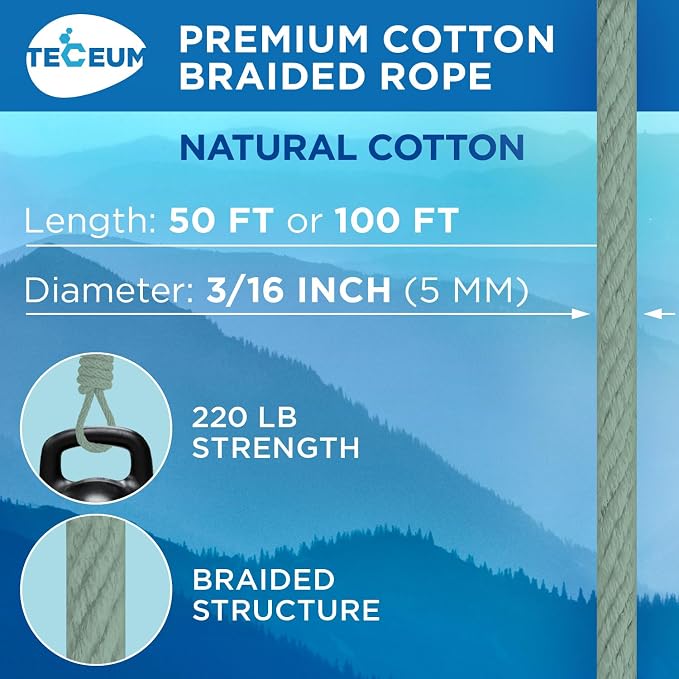 TECEUM Cotton Rope 3/16” – 50 FT – Strong All-Purpose Braided Rope – Natural - Image 2