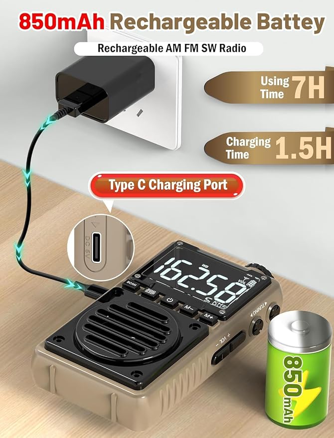 Digital AM FM Weather Band Radio 851mAh Rechargeable Portable Pocket Radio - Image 3