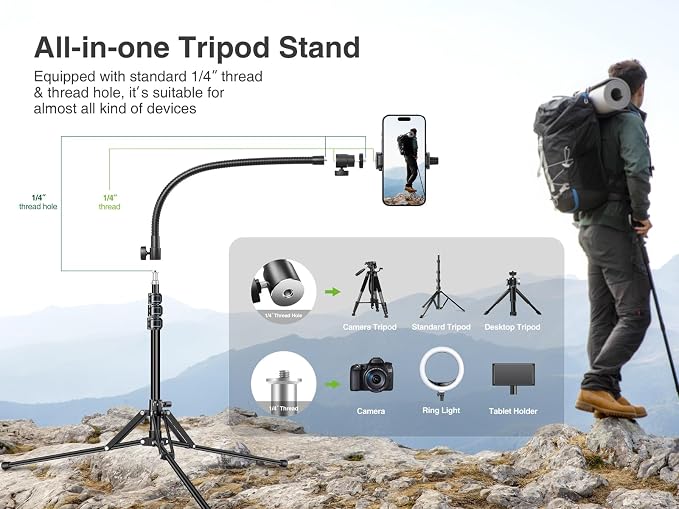 elitehood 6.8 Feet Tall Phone Stand Tripod, Aluminum iPhone Tripod, Adjustable - Image 6