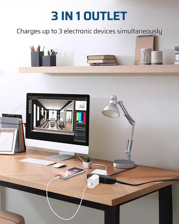 DEWENWILS 6FT Flat Plug Extension Cord 3 Prong Ultra Thin Power Strip, - Image 3