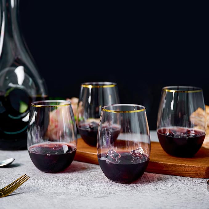 FOCUSLINE 20pcs 16 Oz Plastic Wine Glasses, Stemless Gold Rim, Heavy Duty - Image 3