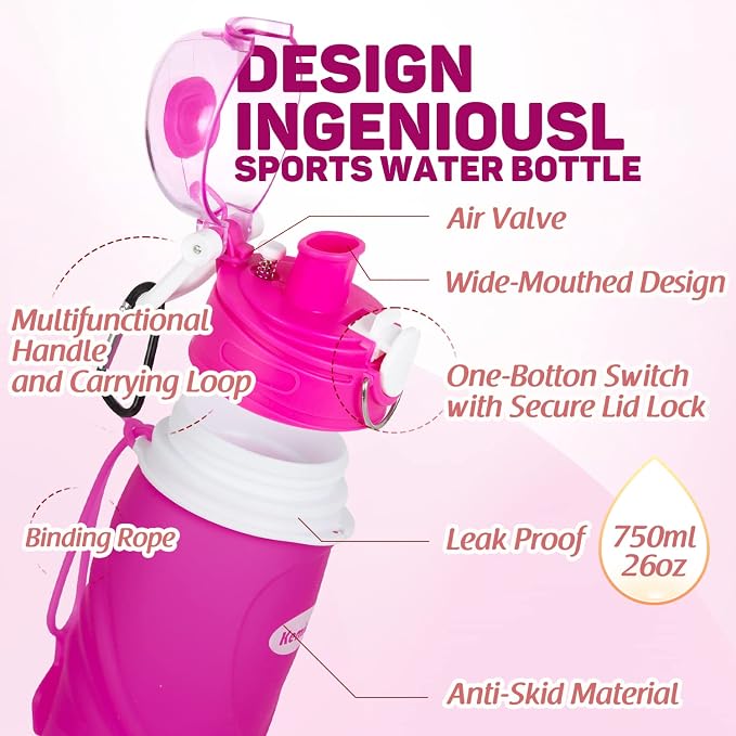 Kemier Collapsible Silicone Water Bottles-750ML, Medical Grade, BPA Free Travel - Image 4