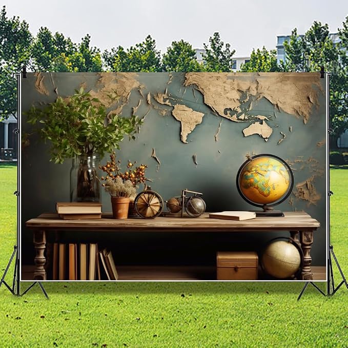 7x5ft Vintage World Map Backdrop Wooden Desk Globe Photography Background Study - Image 6