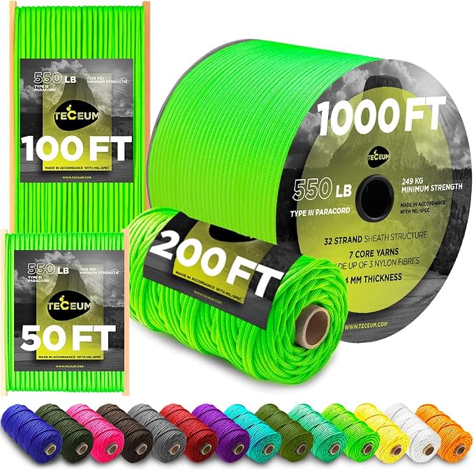 TECEUM 5/32" Paracord Rope 1000 – 1000ft / 200ft / 100ft / 50ft – Tactical by TECEUM