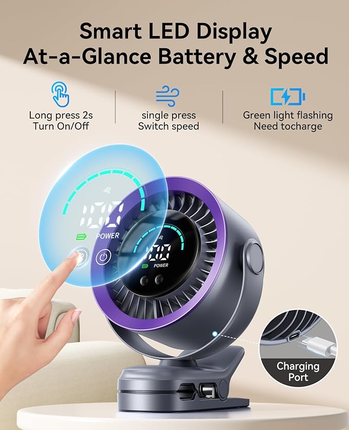 KIMMOO Portable Clip on Fan, 100-Speed Rechargeable USB Fan - Image 6