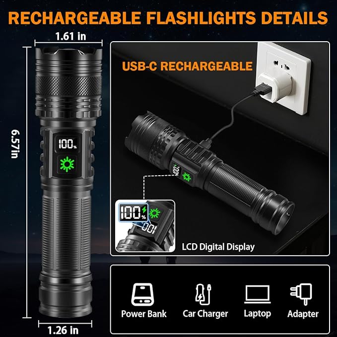 3Pack Rechargeable Flashlights High Lumens 9900FL, LED Flashlight Rechargeable - Image 3