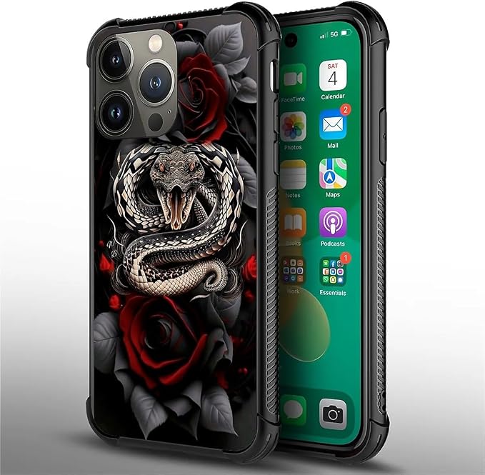 for iPhone 14 Pro Max Case, Entwined Rose Snake Pattern Graphic Design Girl Boy - Image 3