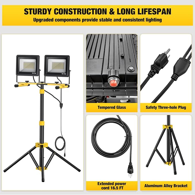 Upgraded LED Work Lights with Stand, 2-Head Adjustable Work Light, Waterproof - Image 4