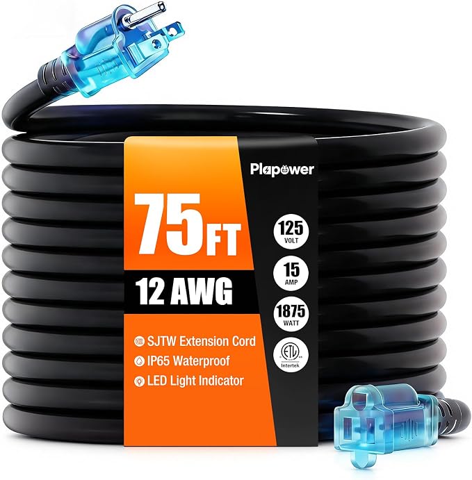 Outdoor Extension Cord 75 FT Waterproof, 12/3 Gauge Heavy Duty 3 Prong Power by Unknown