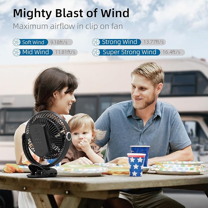 10000mAh 30hrs Portable Fan Rechargeable, 8-Inch Battery Operated Clip on Fan - Image 3