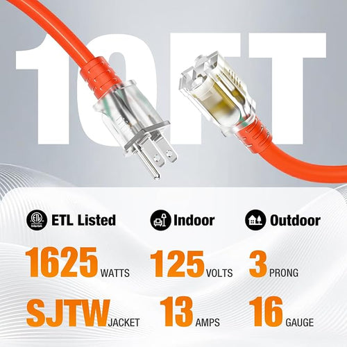 10 FT Outdoor Extension Cord Waterproof, 16/3 Gauge Heavy Duty 3 Prong Power - Image 2