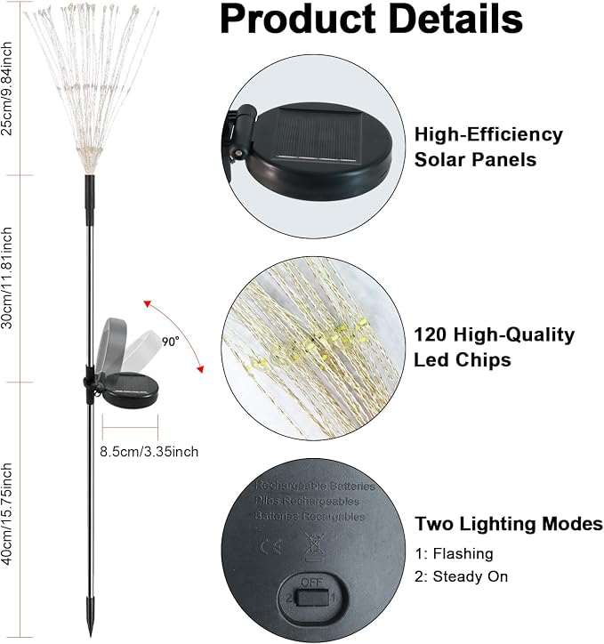 Solar Garden Lights Outdoor, 2 Pack 120 LED Twinkling Firework Lights Decorative - Image 7