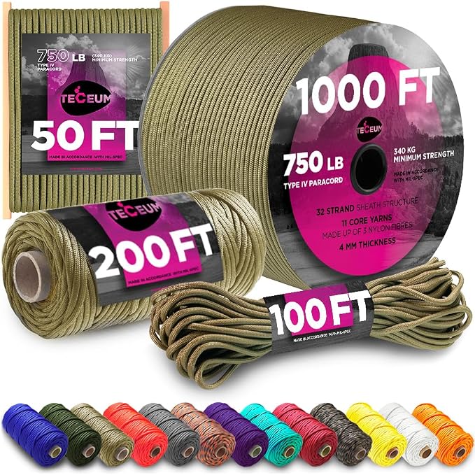 TECEUM 5/32" Paracord Rope 1000 – 1000ft / 200ft / 100ft / 50ft – Tactical by TECEUM