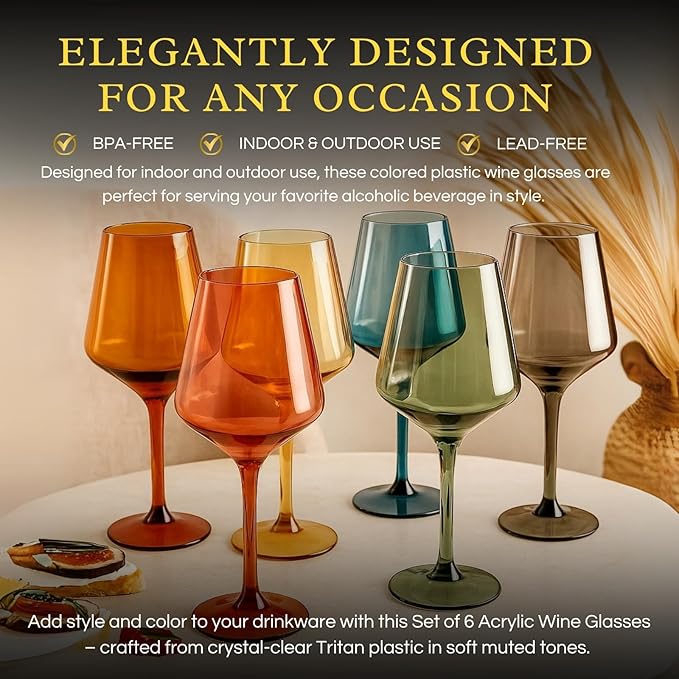 European Style Plastic Crystal, Stemmed Wine Glasses | Set of 6 | Acrylic - Image 2
