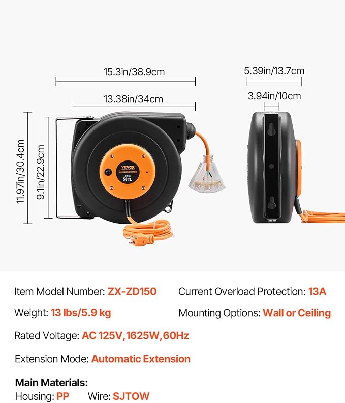 VEVOR Retractable Extension Cord Reel, 50 FT Heavy Duty 14AWG/3C SJTOW Power - Image 7