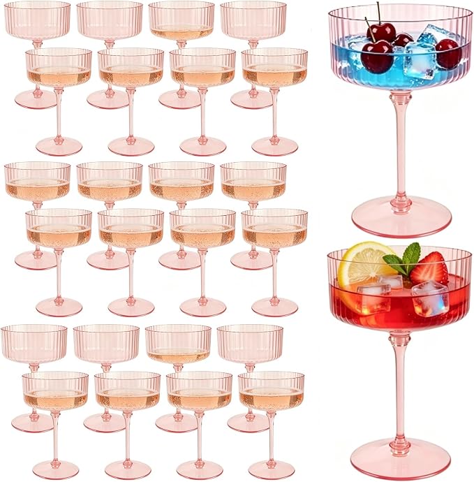 PLULON 24 Pcs Pink Champagne Martini Glasses Set 10 Oz Plastic Ribbed Coupe Cup by PLULON
