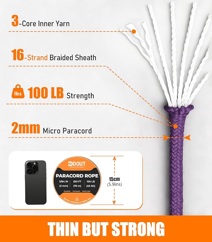 DDOUT 2mm Paracord 100lb, Thin Micro Paracord Rope, DIY Projects, Camping & - Image 2