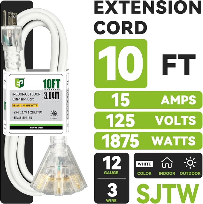 EP 10FT 12 Gauge Heavy Duty Extension Cord, 15A 125V 1875W, 3 Outlet - Image 2