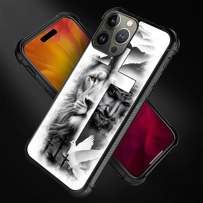 for iPhone 16 Pro Case, Lion Cross Jesus Christ Dove Pattern Graphic Design - Image 6