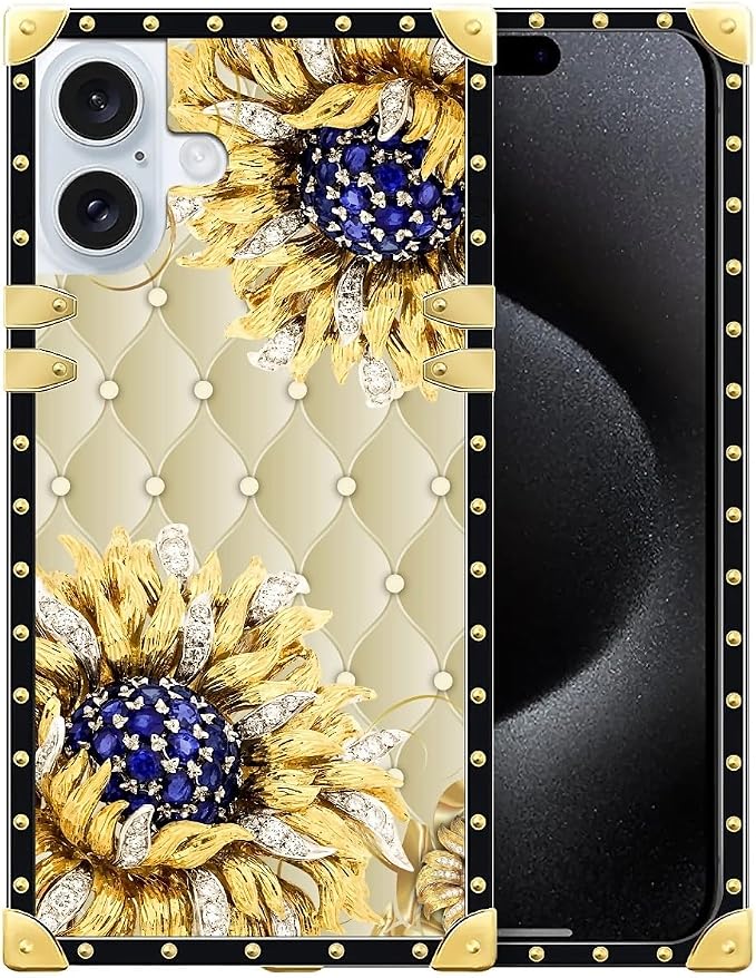 Compatible with iPhone 16 Plus Case, Sunflower Diamonds Leather Luxury Golden by Unknown