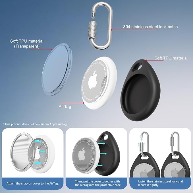 AirTag Holder with 304 Carabiner, 4 Pack IPX8 Waterproof Shockproof PC Hard Case - Image 2