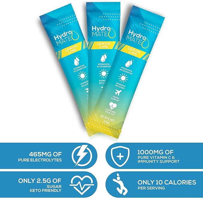 HydroMATE Electrolyte Powder Lemon Lime Hydration Packets Low Sugar 30 Count - Image 7