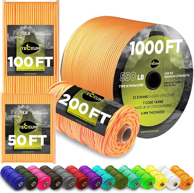 TECEUM 5/32" Paracord Rope 1000 – 1000ft / 200ft / 100ft / 50ft – Tactical by TECEUM