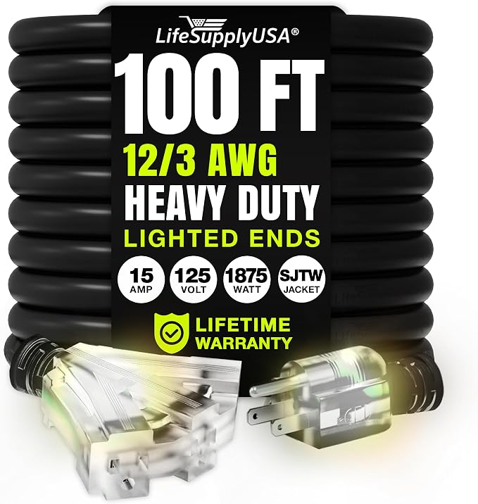 100ft Outdoor/Indoor Extension Cord 3-Outlet 12/3 Gauge Extra Heavy Duty 3 by LifeSupplyUSA
