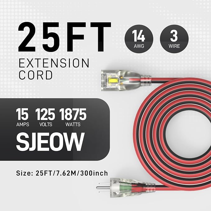 25FT 14/3 Gauge Medium Duty Outdoor Extension Cord Waterproof - Image 2