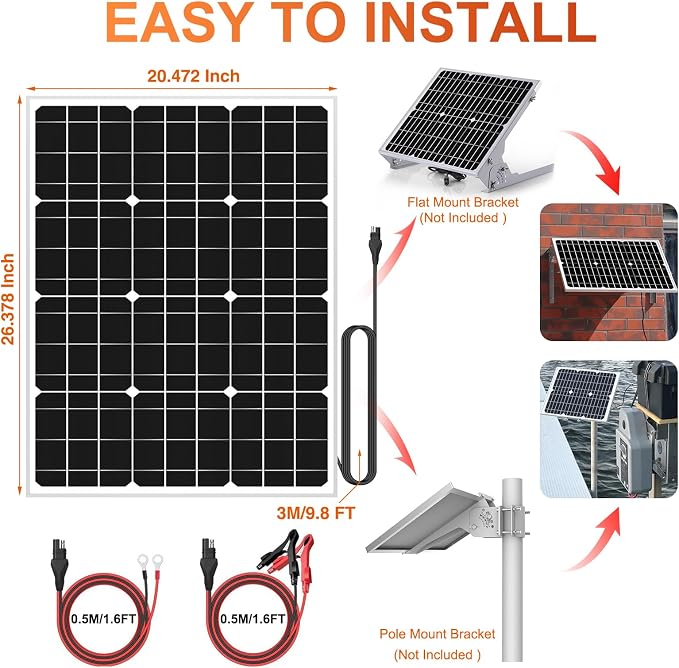 SUNER POWER 12V Solar Panel Kit 50W, High Efficiency 50 Watt Solar Panel + - Image 8