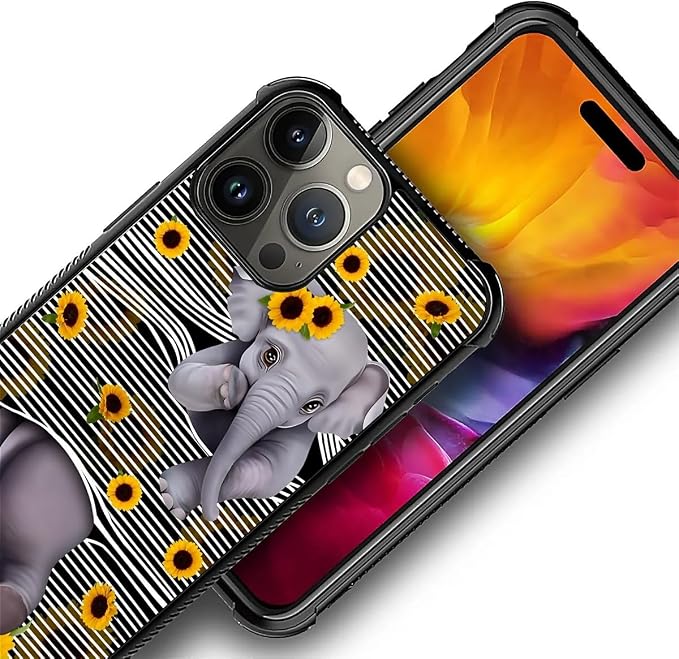 for iPhone 16 Pro Max Case, Cute Little Elephant Sunflower White Line Art - Image 6