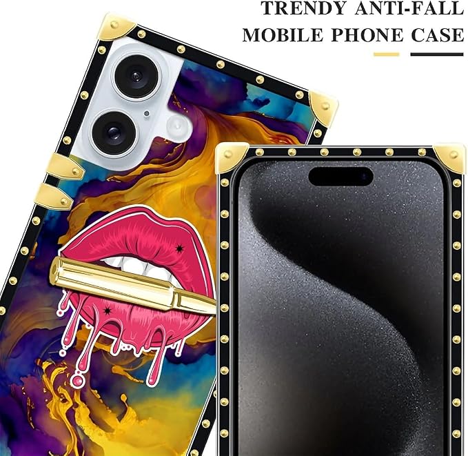 Compatible with iPhone 16 Plus Case, Cool Corlorful Lip Marble Luxury Golden - Image 5