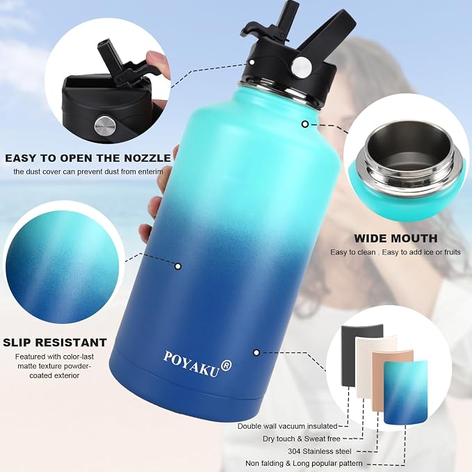 Water Bottle Insulated 32oz 40oz 64oz 128oz Straw Lid Spout Lid & 3 Lids - Image 4