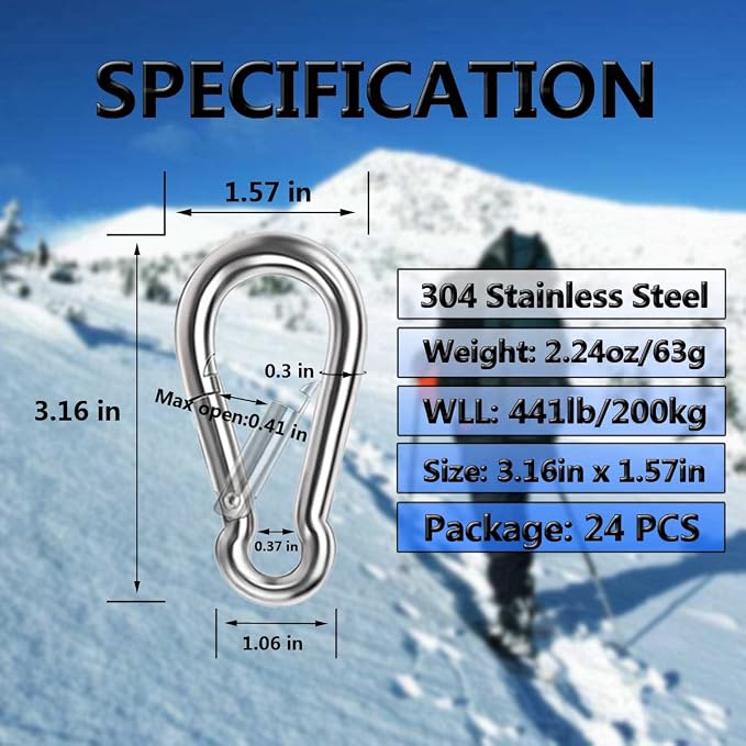 Spring Snap Hooks, 304 Stainless Steel Metal Clip Heavy Duty Rope Connector - Image 2