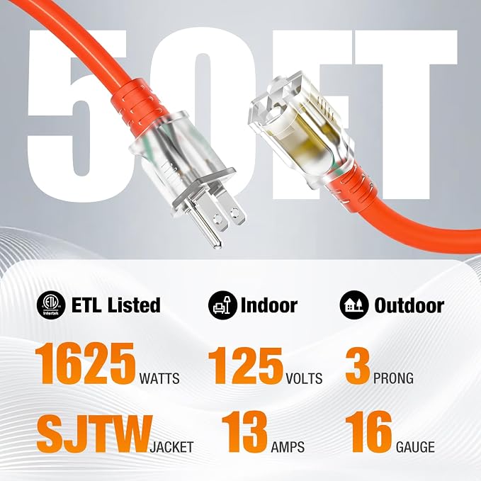 50 FT Outdoor Extension Cord Waterproof, 16/3 Gauge Heavy Duty 3 Prong Power - Image 2