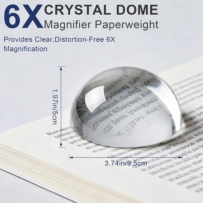 6X Crystal Dome Magnifier Paperweight, 3.8 Inch Large Dome Reading Magnifying - Image 2